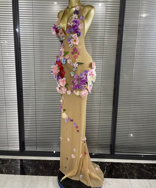 Women Sexy Halter Sleeveless Floral Mesh Maxi Dress