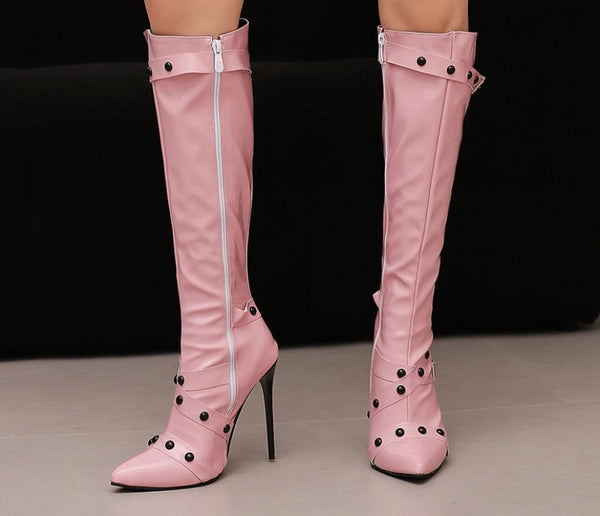 Women Color Buckled Fashion High Heel Knee High Boots