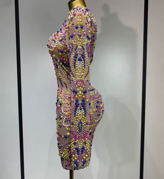 Women Sexy Colorful Beaded Mesh Full Sleeve Dress