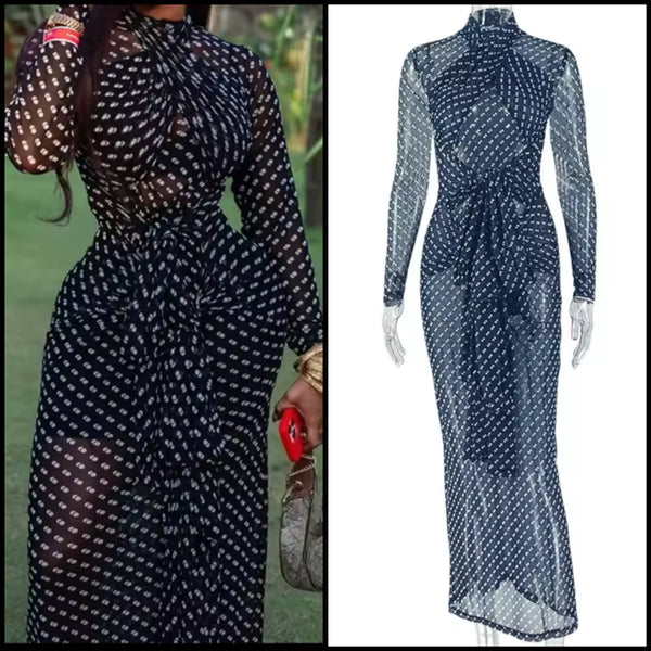 Women Sexy Black Polka Dot Mesh Full Sleeve Maxi Dress