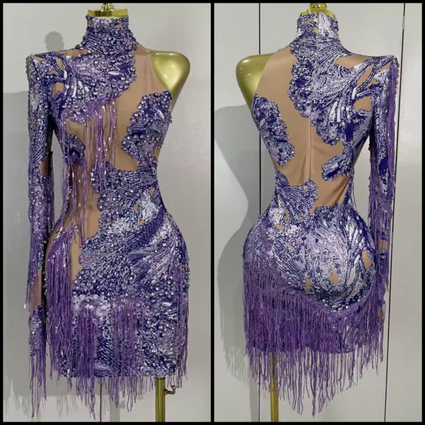 Women Sexy Purple One Shoulder Rhinestone Mesh Tassel Dress
