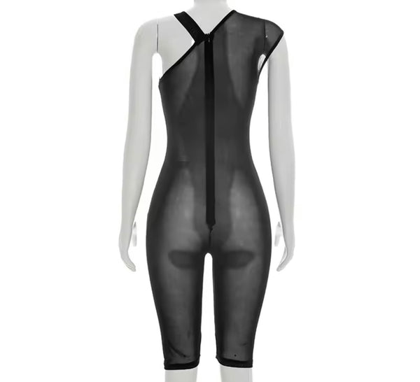Women Sexy See Through Mesh One Shoulder Sleeveless Romper