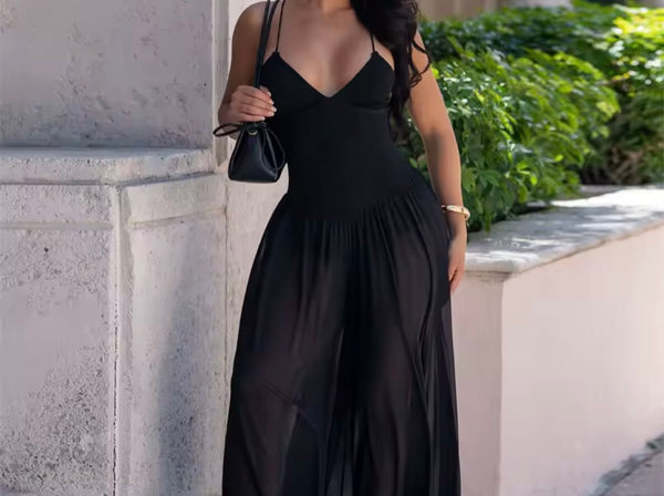 Women Sleeveless Open Back Sexy Mesh Jumpsuit