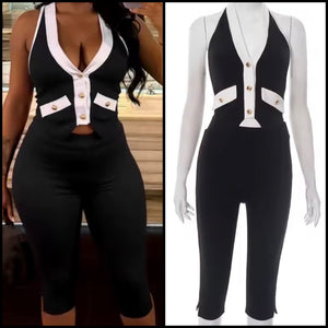 Women Sleeveless Button Up B&W Vest Two Piece Capri Pant Set