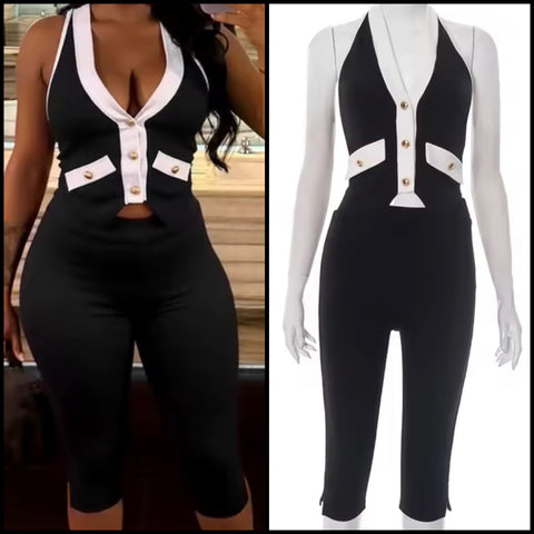 Women Sleeveless Button Up B&W Vest Two Piece Capri Pant Set
