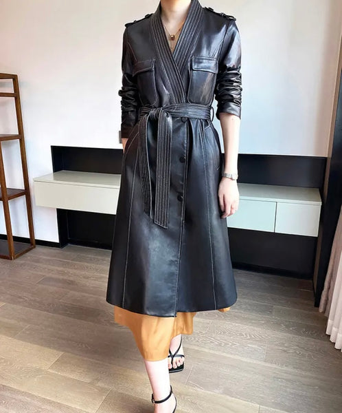 Women Fashion Color Faux Leather Belted Trench Jacket