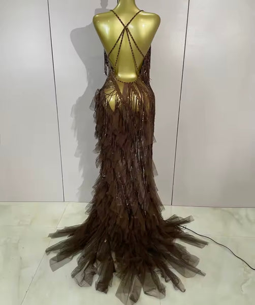 Women Halter Sleeveless Ruffle Rhinestone Tassel Maxi Dress