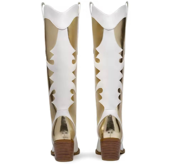 Women Color Patchwork Fashion Knee High Western Boots