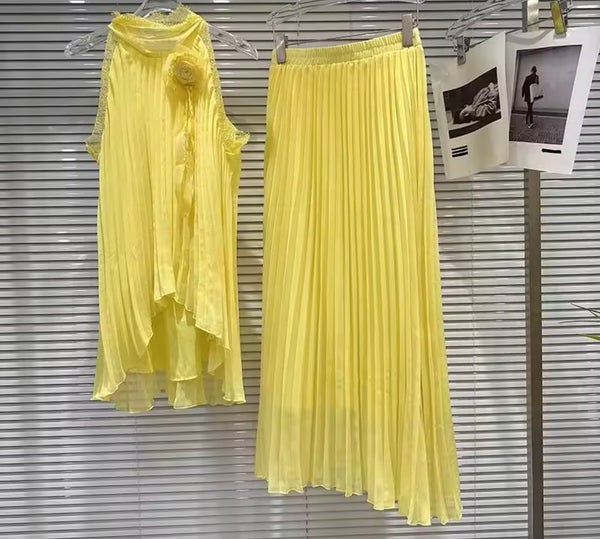 Women Sleeveless Pleated Two Piece Maxi Skirt Set