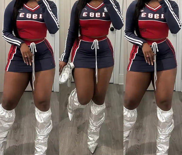 Women Fashion Letter Print Color Patchwork Two Piece Skirt Set