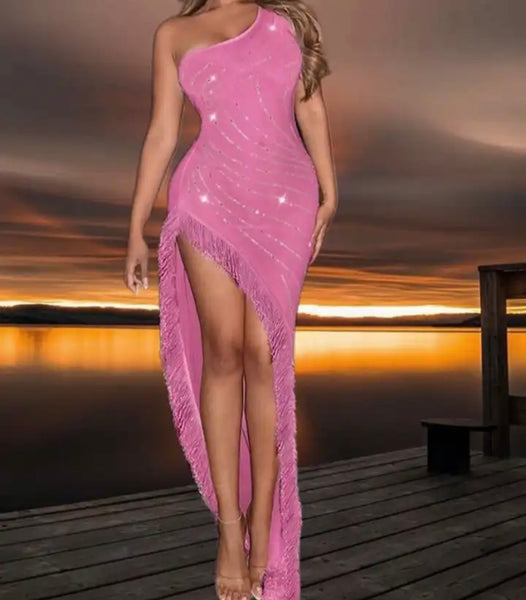 Women Bling Patchwork Fringe One Shoulder Sleeveless Mesh Maxi Dress