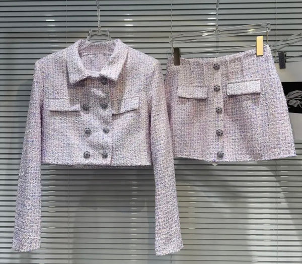 Women Fashion Button Up Full Sleeve Tweed Two Piece Skirt Set