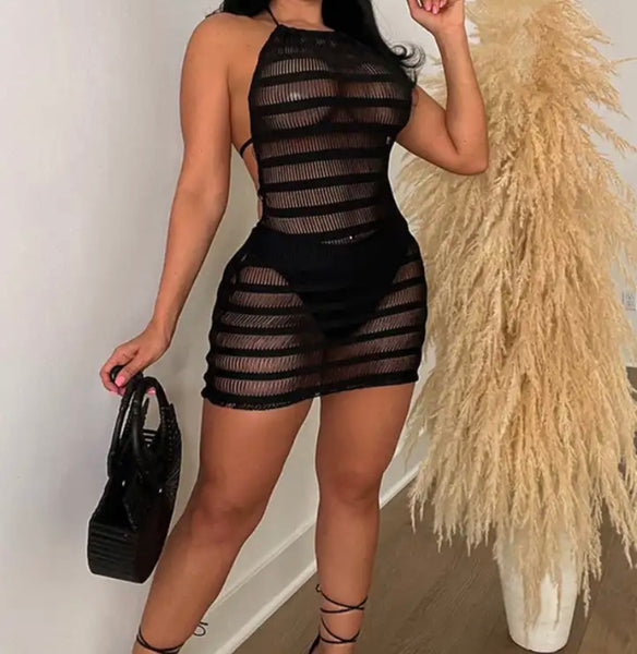 Women Sexy Halter Sleeveless Black See Through Dress
