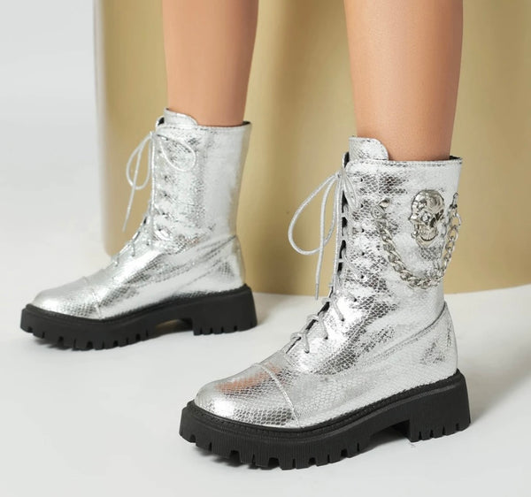 Women Fashion Metallic Skeleton Chain Lace Up Boots