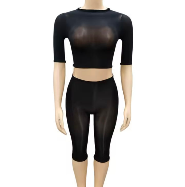 Women Sexy See Through Mesh Two Piece Capri Pant Set