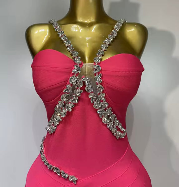 Women Pink Rhinestone Sexy Sleeveless Maxi Dress