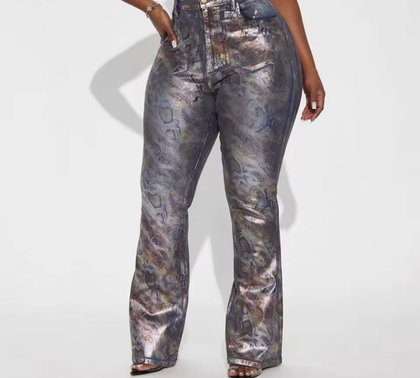 Women Sleeveless Metallic Print Denim Two Piece Pant Set