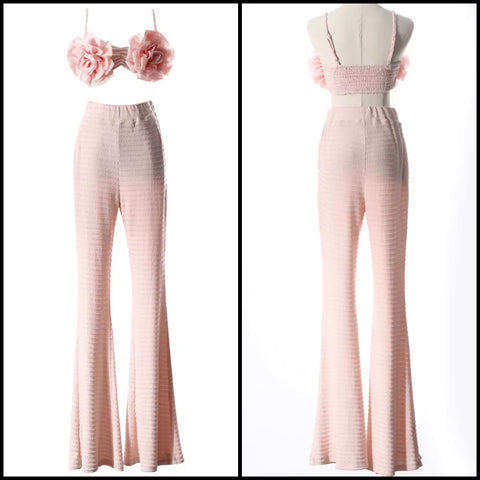 Women Pink Sexy 3D Floral Sleeveless Two Piece Pant Set