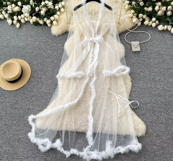 Women Sexy See Through Feather Mesh Lingerie Set