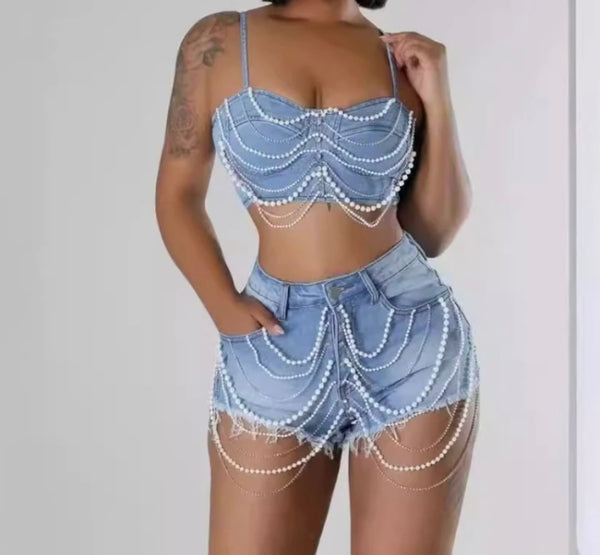 Women Sexy Fashion Sleeveless Bling Pearl Two Piece Denim Short Set