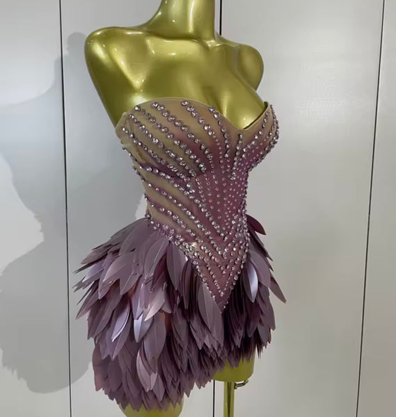 Women Purple Sexy Strapless Sequins Rhinestone Mesh Dress