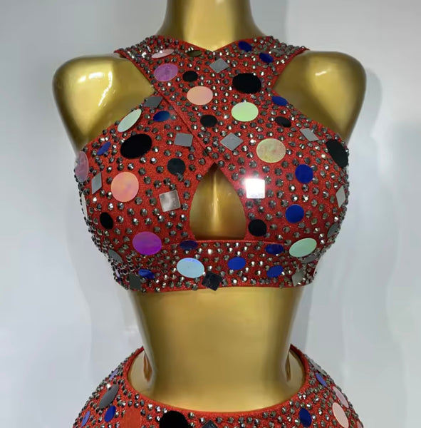 Women Sexy Sleeveless Bling Sequins Two Piece Skirt Set