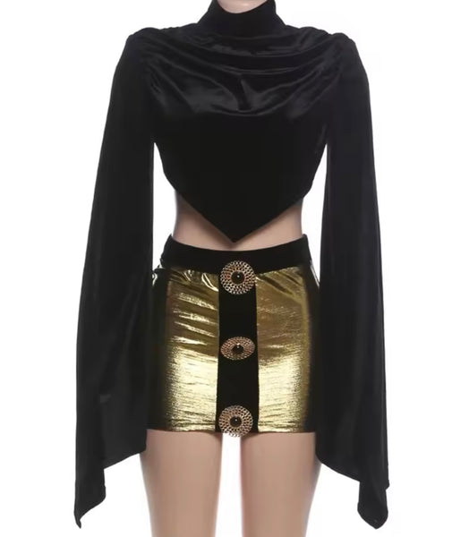 Women Sexy Flare Full Sleeve Crop Two Piece Skirt Set