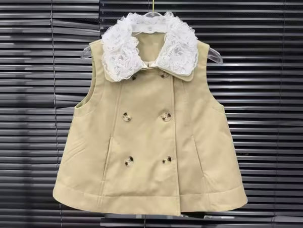 Women Lace Collar Sleeveless Button Up Two Piece Pleated Skirt Set