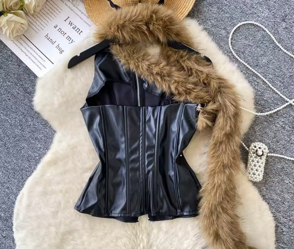 Women Fashion Fur Black PU Zip Up Sleeveless Top
