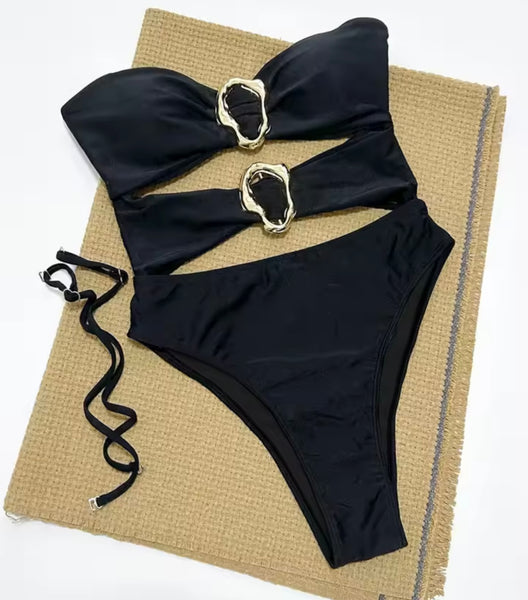 Women Sexy Gold Medal Strapless Cut Out Swimsuit