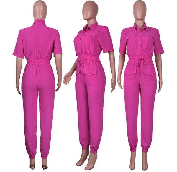 Women Fashion Button Up Short Sleeve Drawstring Jumpsuit