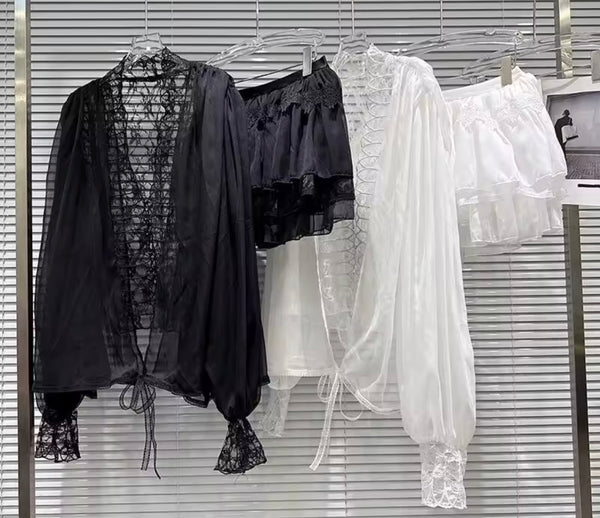 Women Lace Mesh Full Sleeve Two Piece Skirt Set