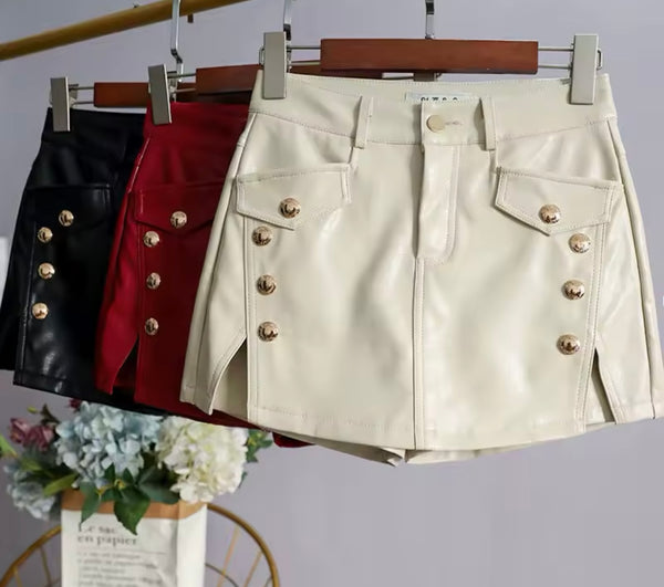 Women Color Fashion Faux Leather Button Wrap Shorts