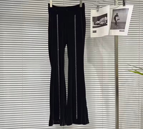 Women Black Bling Off The Shoulder Velour Two Piece Pant Set