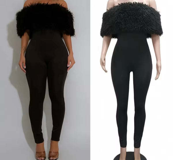 Women Black Feather Off The Shoulder Fashion Jumpsuit