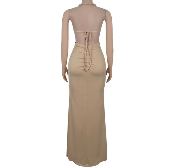 Women Halter Sleeveless Open Back Color Sexy Maxi Dress