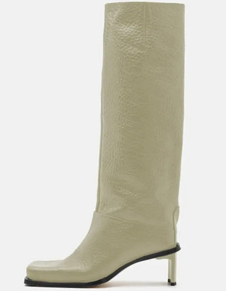 Women Square Toe Faux Leather Fashion Knee High Boots