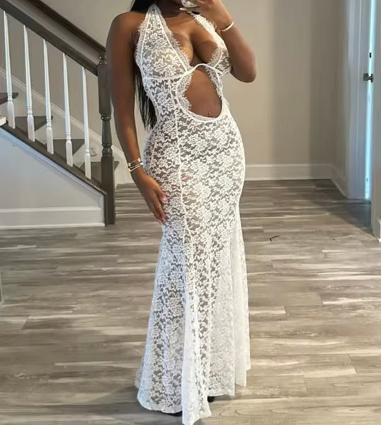 Women Sexy Halter Sleeveless White Lace Maxi Dress