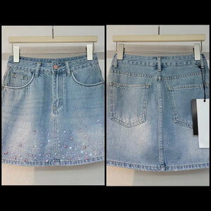Women Blue Fashion Beaded Bling Denim Skirt