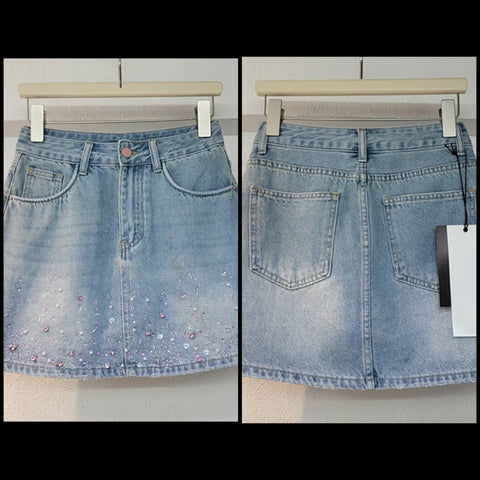 Women Blue Fashion Beaded Bling Denim Skirt