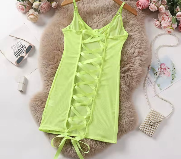 Women Sexy Sleeveless Open Back Lace Up Mesh Nightgown Lingerie