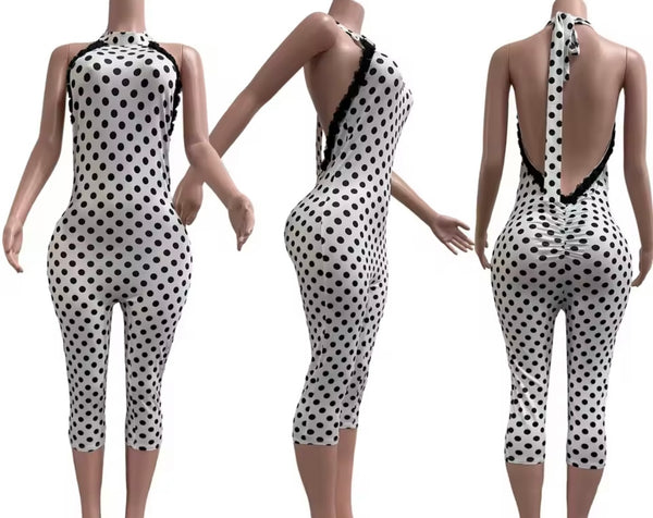 Women Sexy Polka Dot Ruffled Halter Open Back Romper