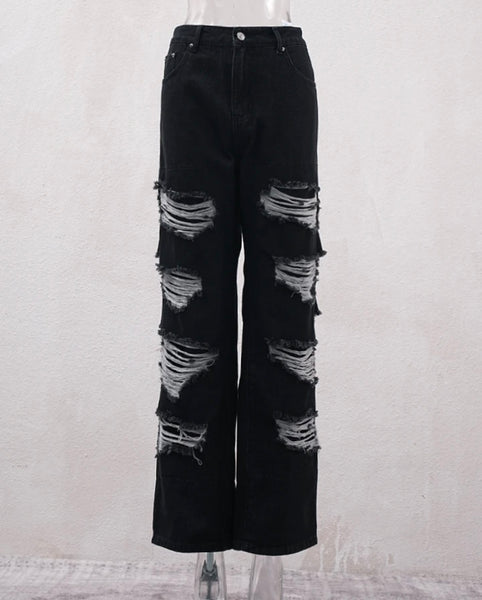 Women Fashion Black Ripped Denim Wide Leg Pants