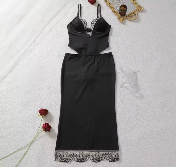 Women Sexy Black Lace Patchwork Bodysuit Lingerie Set