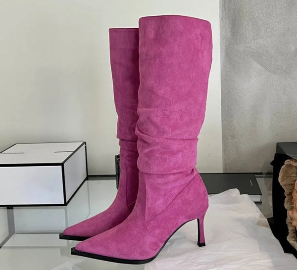 Women Suede High Heel Ruched Fashion Western Boots