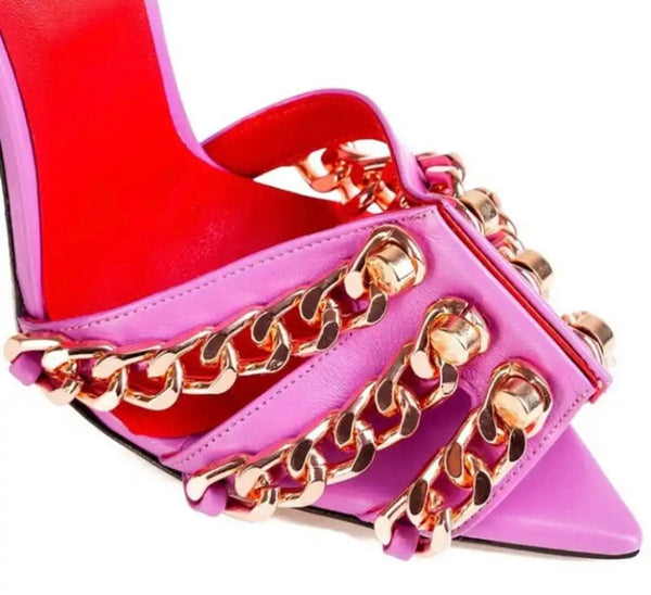 Women Color Chain Pointed Toe High Heel Ankle Strap Sandals