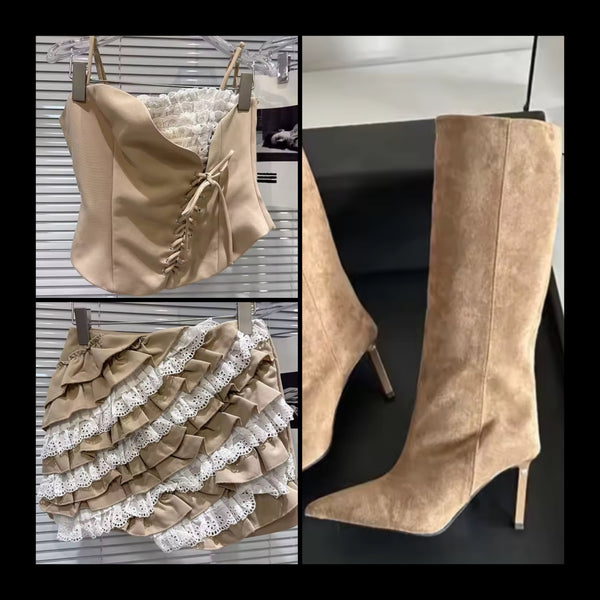 Women Pointed Toe Suede High Heel Knee Length Boots