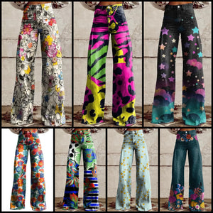 Women Fashion Color Print Wide Leg Pants