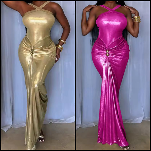 Women Halter Sleeveless Metallic Sexy Maxi Dress