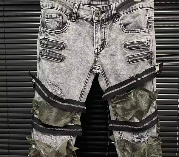 Women Gray Fashion Fur Zipper Printed Patchwork Denim Pants